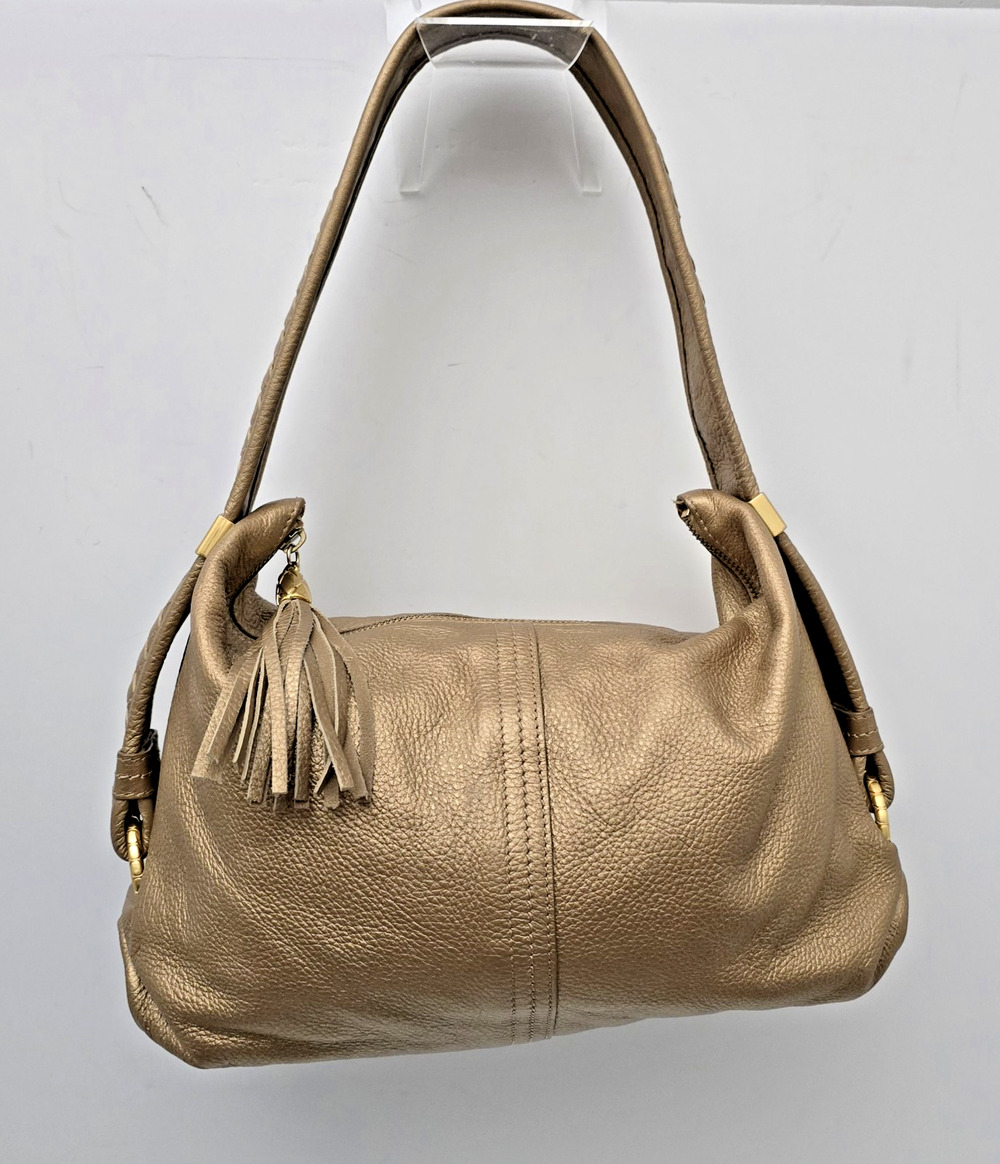 Elliott Lucca Metallic Gold Leather Hobo Bag Slouchy O-Ring Purse Woven Strap